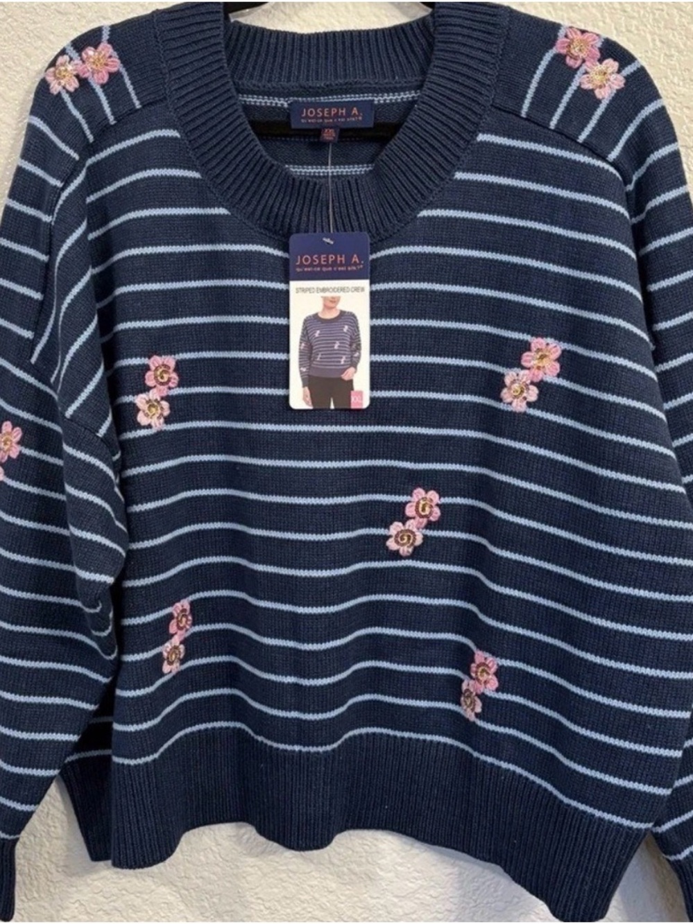 Joseph Navy & Light Blue Striped Crewneck Sweater Pink Floral Embroidery S NWT